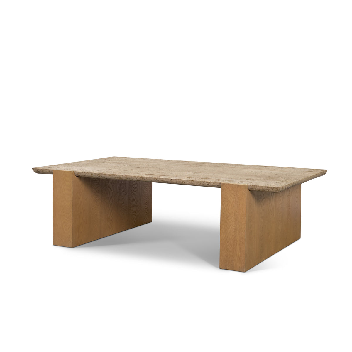 Milos Travertine Top w/ Light Brown Oak Wood Coffee Table-Coffee Tables-DECOROLALA