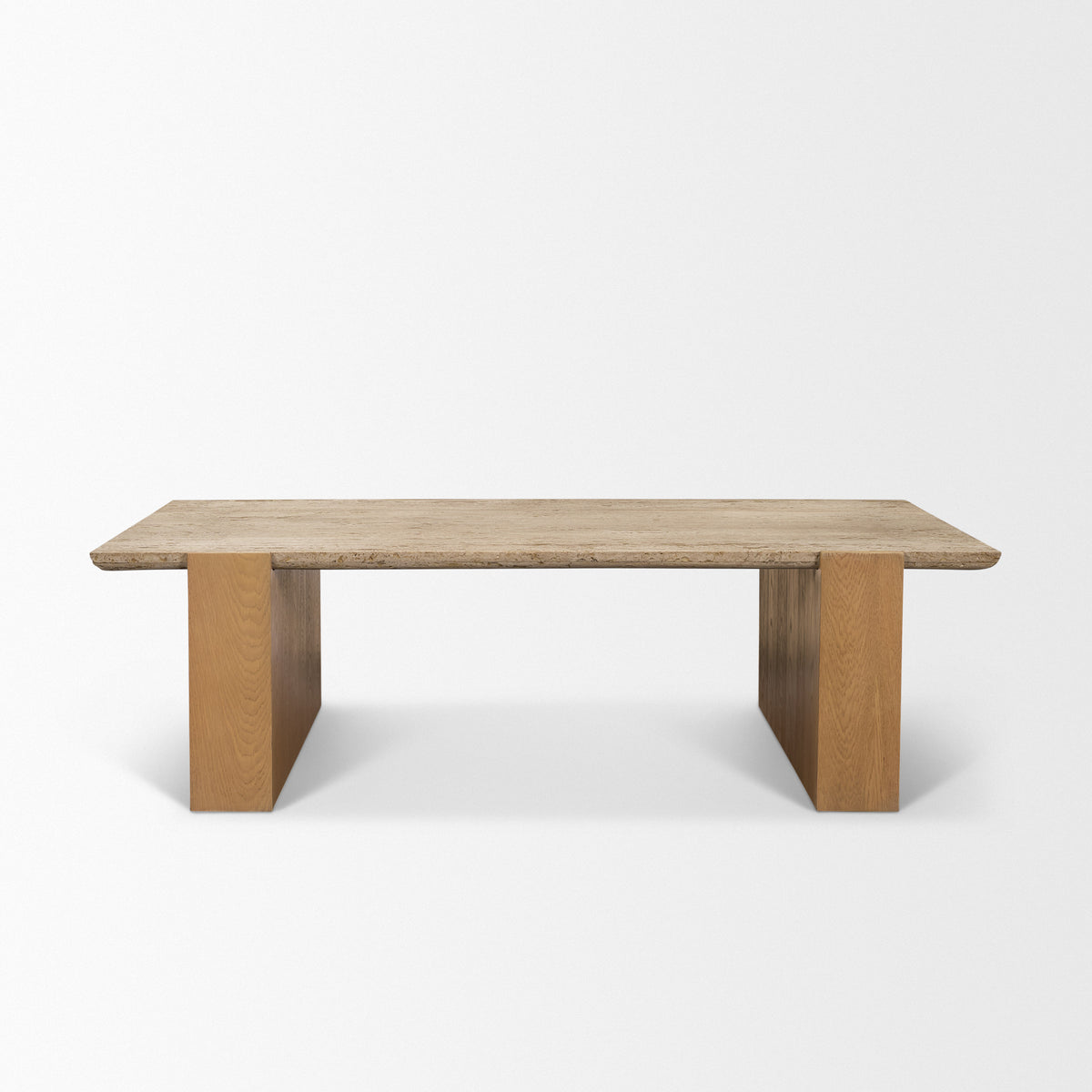 Milos Travertine Top w/ Light Brown Oak Wood Coffee Table-Coffee Tables-DECOROLALA