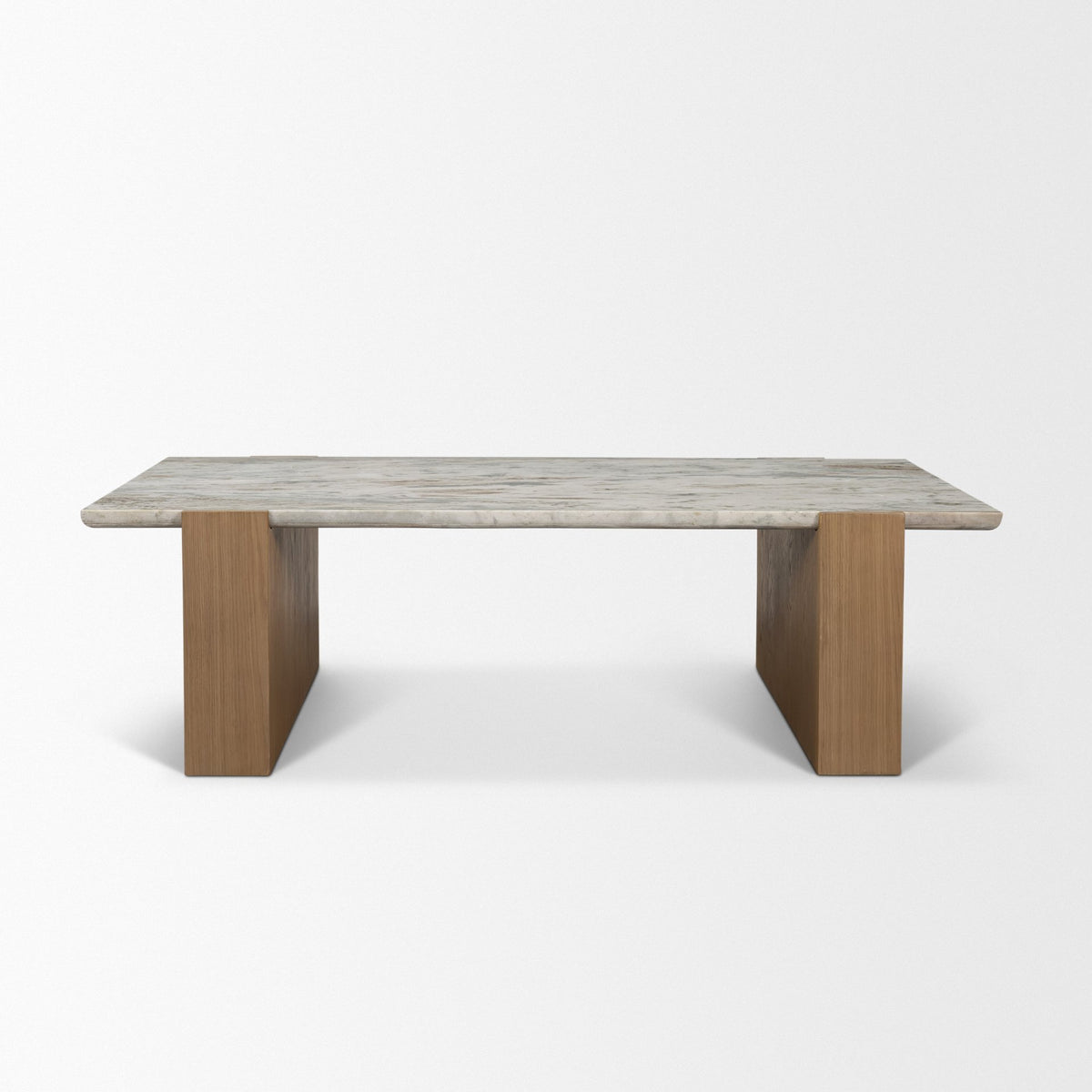 Milos Travertine Top w/ Light Brown Oak Wood Coffee Table-Coffee Tables-DECOROLALA