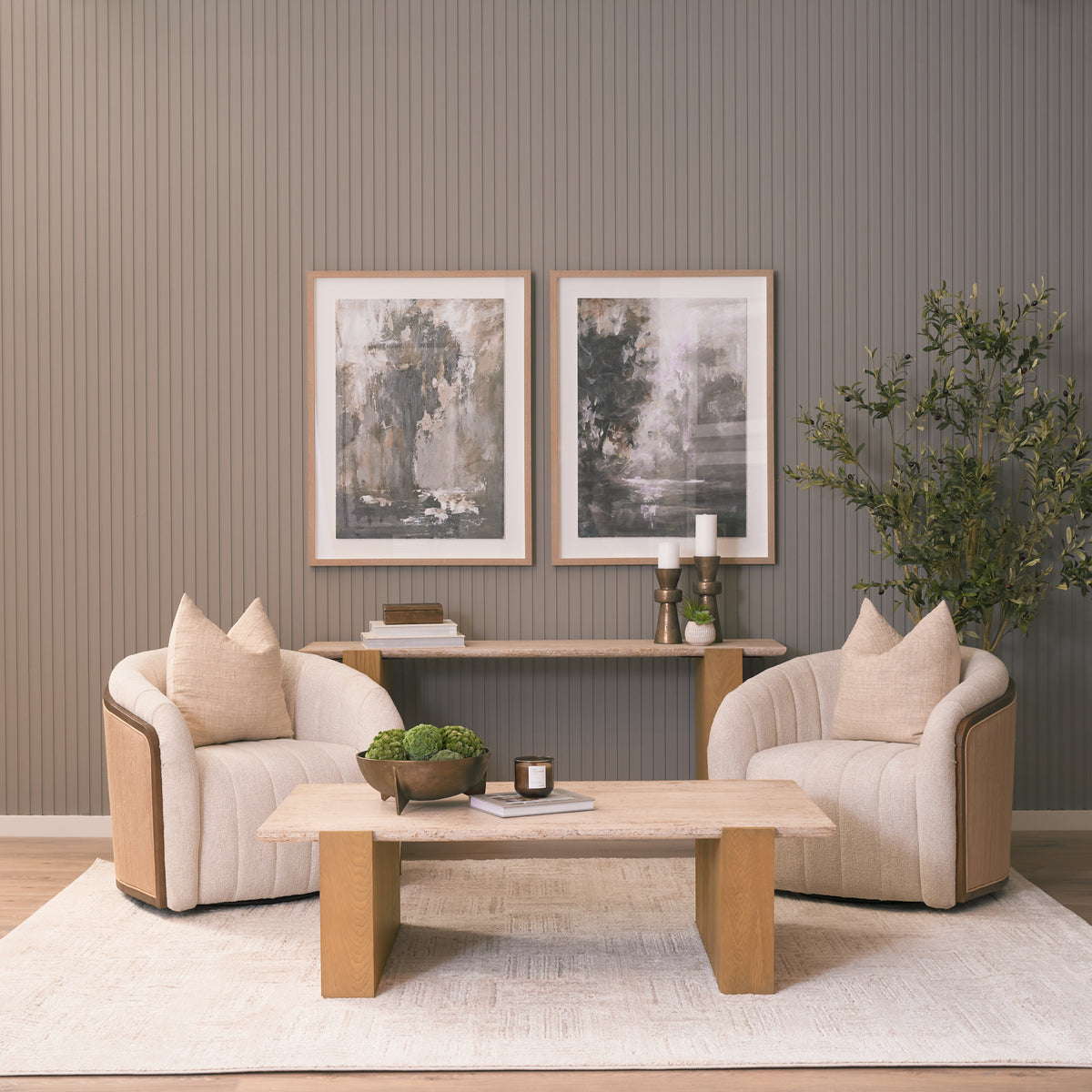 Milos Travertine Top w/ Light Brown Oak Wood Coffee Table-Coffee Tables-DECOROLALA