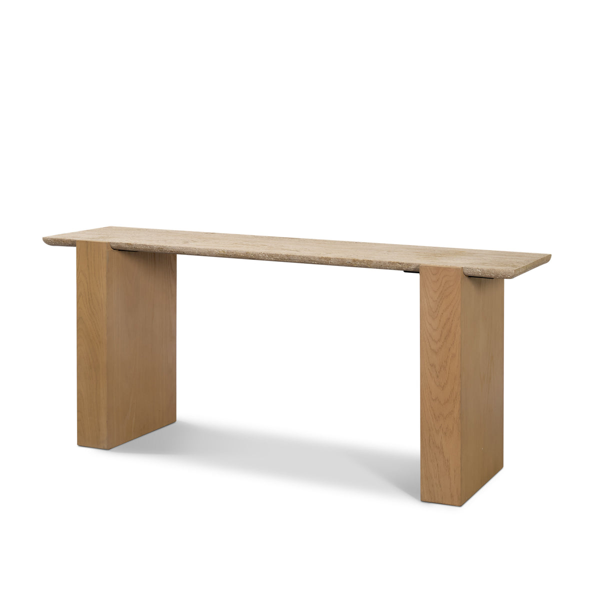 Milos Travertine Top w/ Light Brown Oak Wood Console Table-Console Tables-DECOROLALA