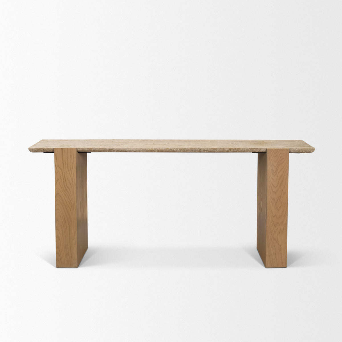 Milos Travertine Top w/ Light Brown Oak Wood Console Table-Console Tables-DECOROLALA