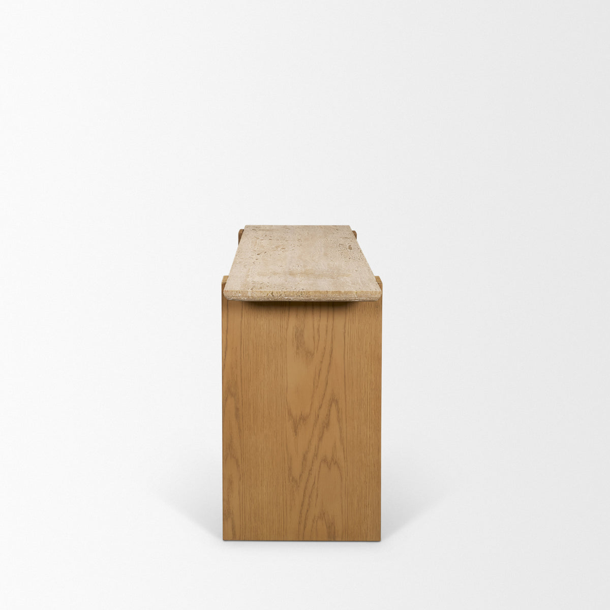 Milos Travertine Top w/ Light Brown Oak Wood Console Table-Console Tables-DECOROLALA