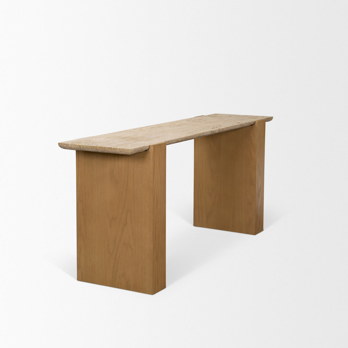 Milos Travertine Top w/ Light Brown Oak Wood Console Table-Console Tables-DECOROLALA