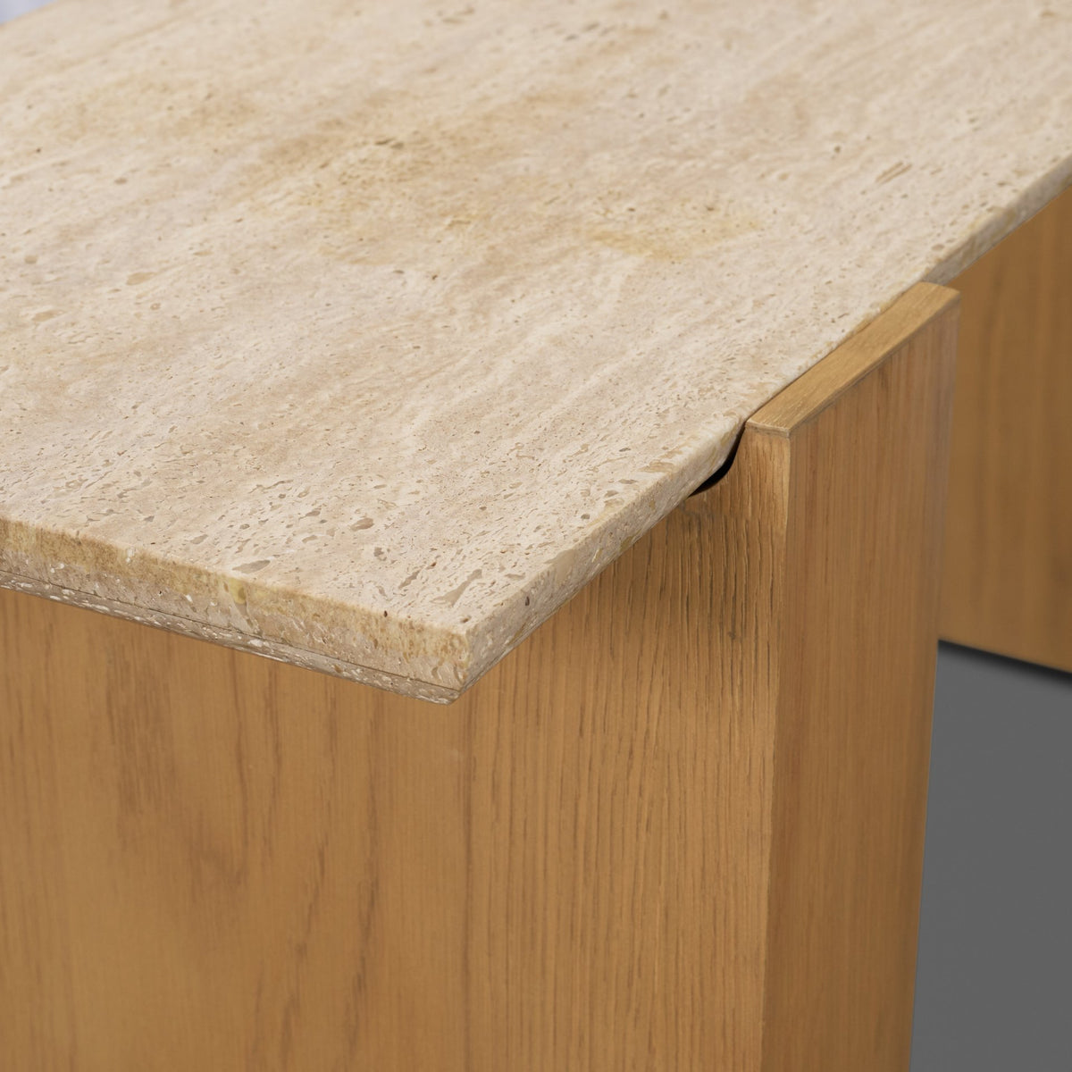 Milos Travertine Top w/ Light Brown Oak Wood Console Table-Console Tables-DECOROLALA