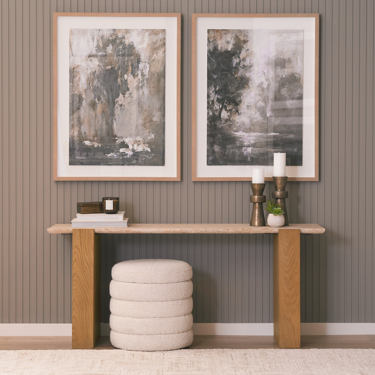 Milos Travertine Top w/ Light Brown Oak Wood Console Table-Console Tables-DECOROLALA