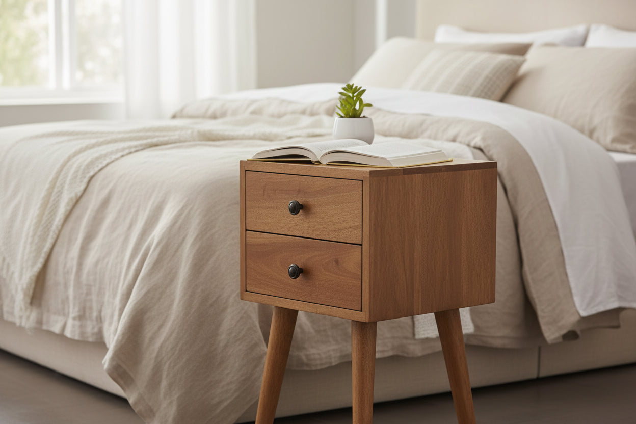 Mini 2-Drawer Solid Mango Wood Nightstand - Oak-ish Finish-Nightstand-DECOROLALA