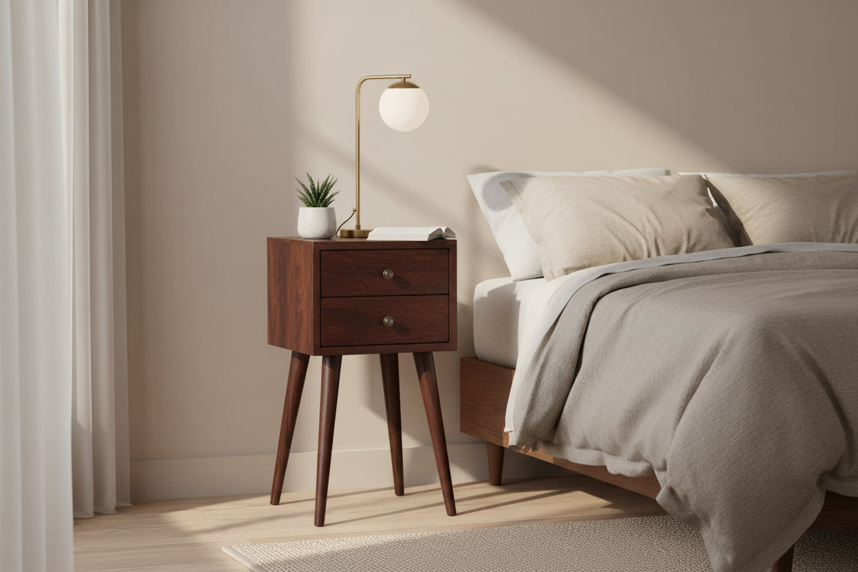 Mini 2-Drawer Solid Mango Wood Nightstand - Walnut Finish-Nightstand-DECOROLALA