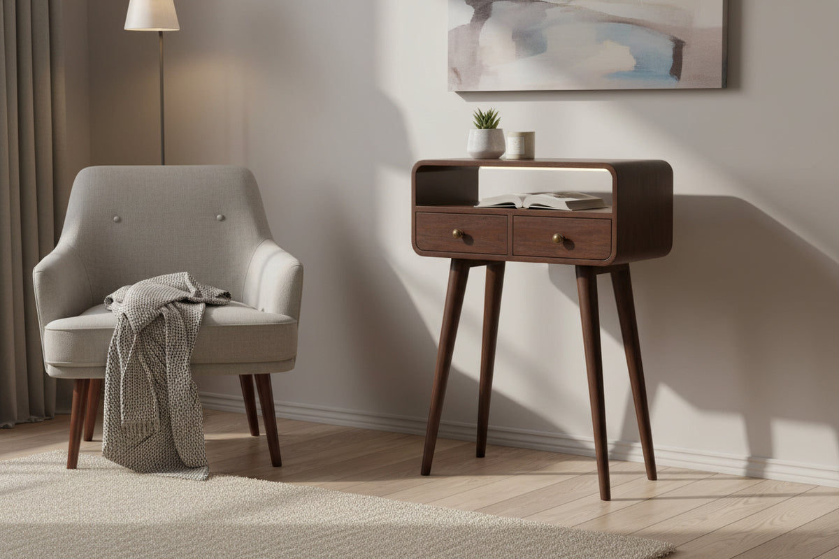 Mini California Walnut Curved Console Table - 2 Drawers-Coffee Tables-DECOROLALA
