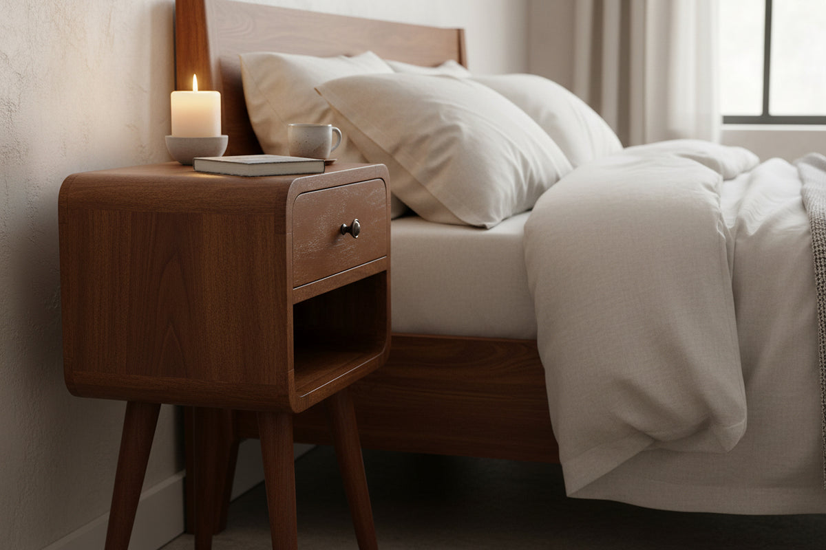 Mini Chestnut Curve Nightstand - Solid Mango Wood with Drawer-Nightstand-DECOROLALA