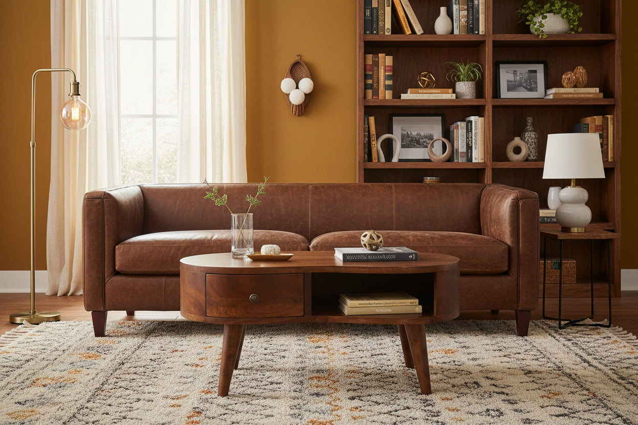 Mini Chestnut Wave Coffee Table - Solid Mango Wood 1-Drawer-Coffee Table-DECOROLALA