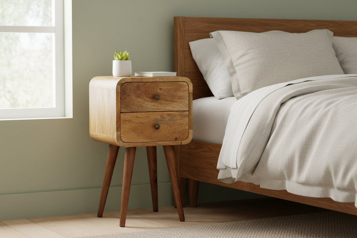 Mini Curved Nightstand - 100% Solid Mango Wood Oak Finish-Nightstand-DECOROLALA