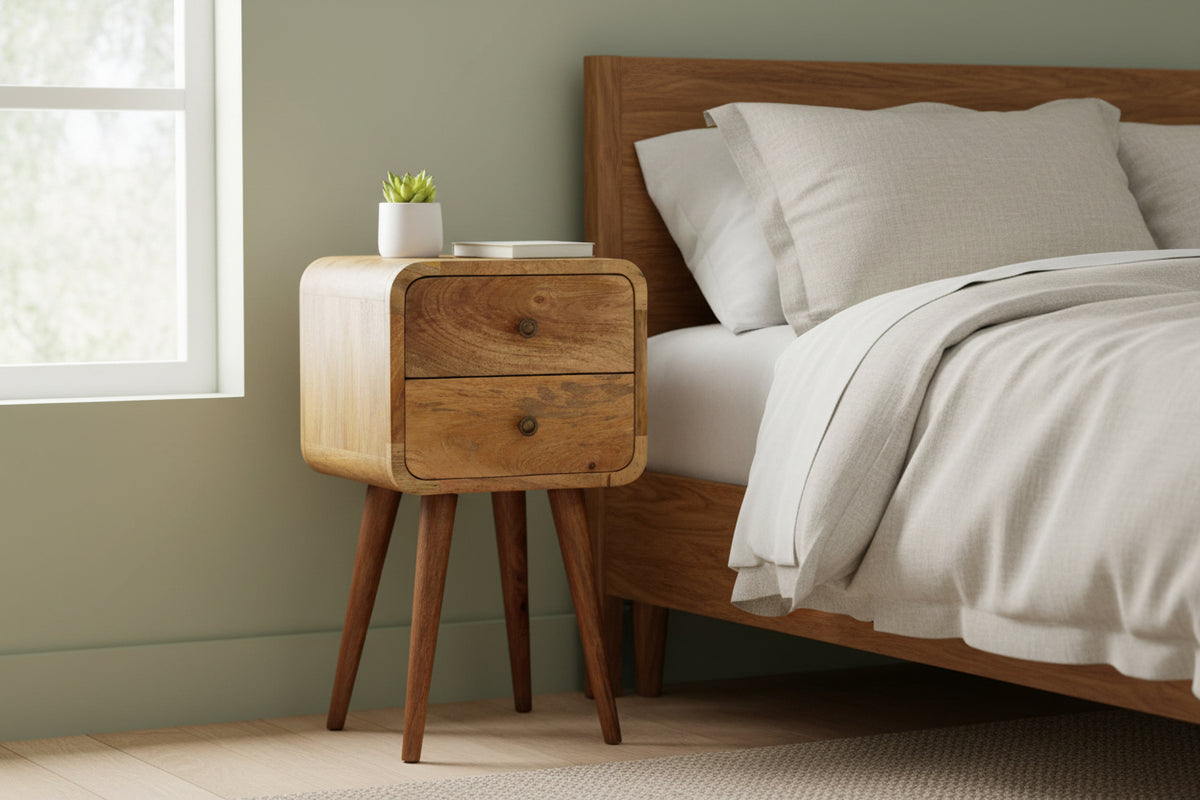 Mini Curved Nightstand - 100% Solid Mango Wood Oak Finish-Nightstands-DECOROLALA