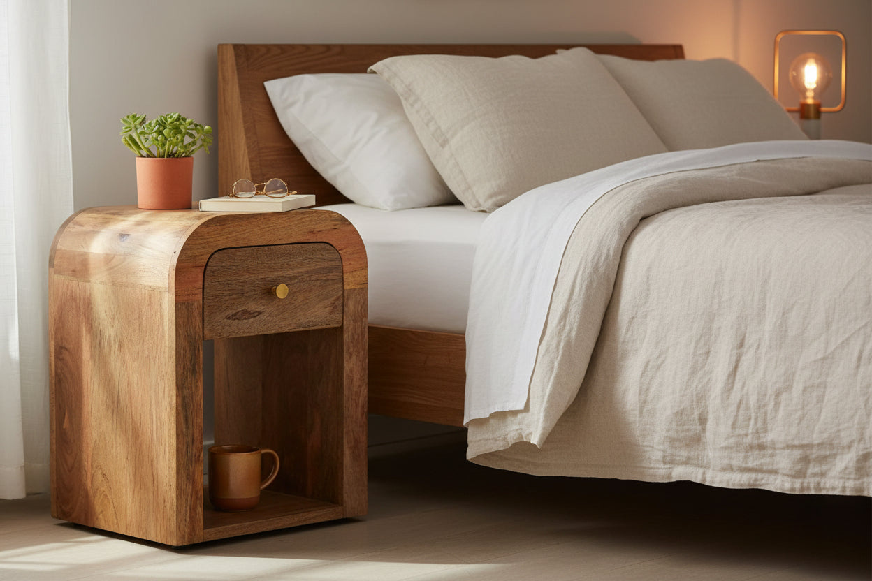 Mini Darcy Nightstand - Solid Mango Wood Oak Finish 1 Drawer-Nightstand-DECOROLALA