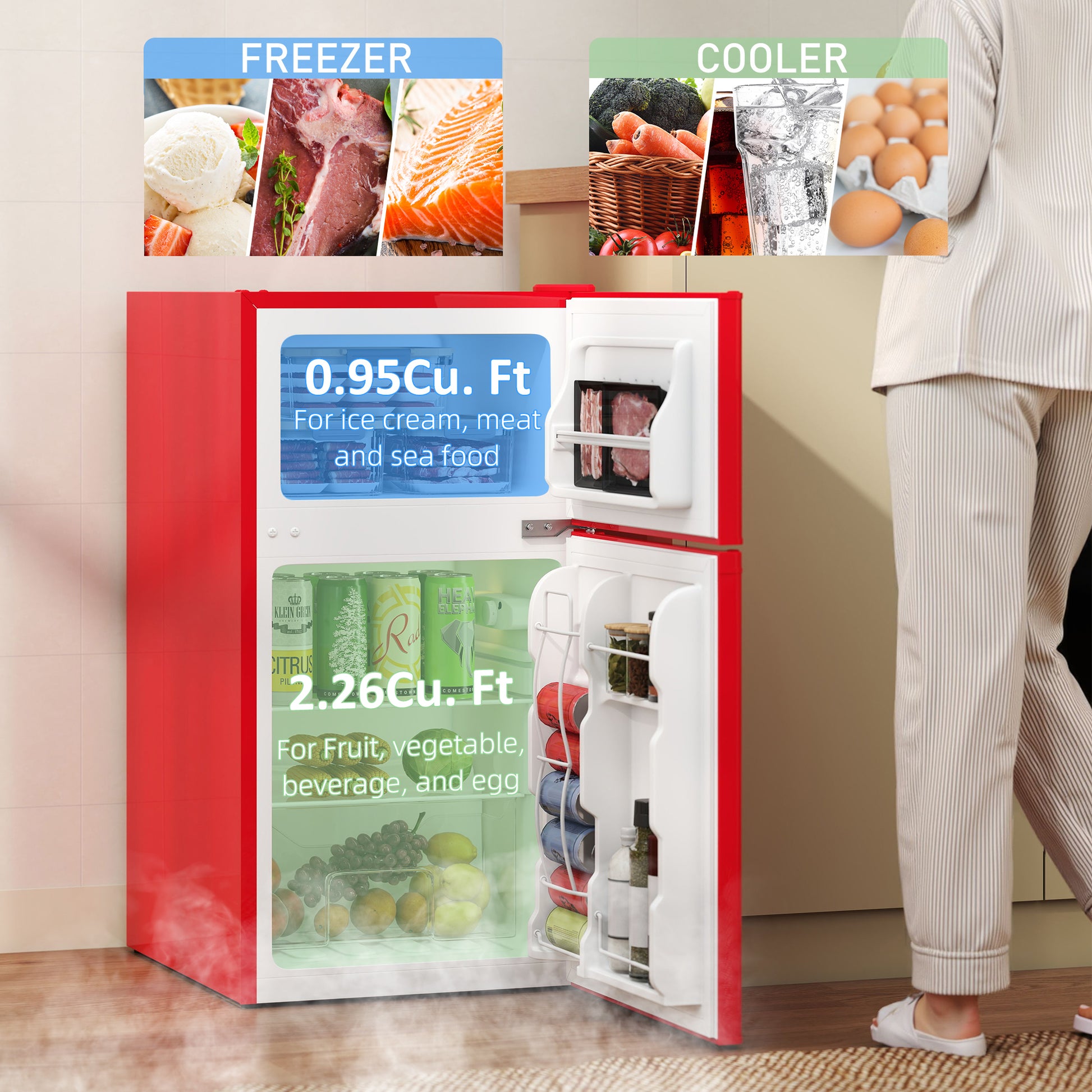 Mini Fridge Freezer 3.2 Cu Ft Red-DECOROLALA