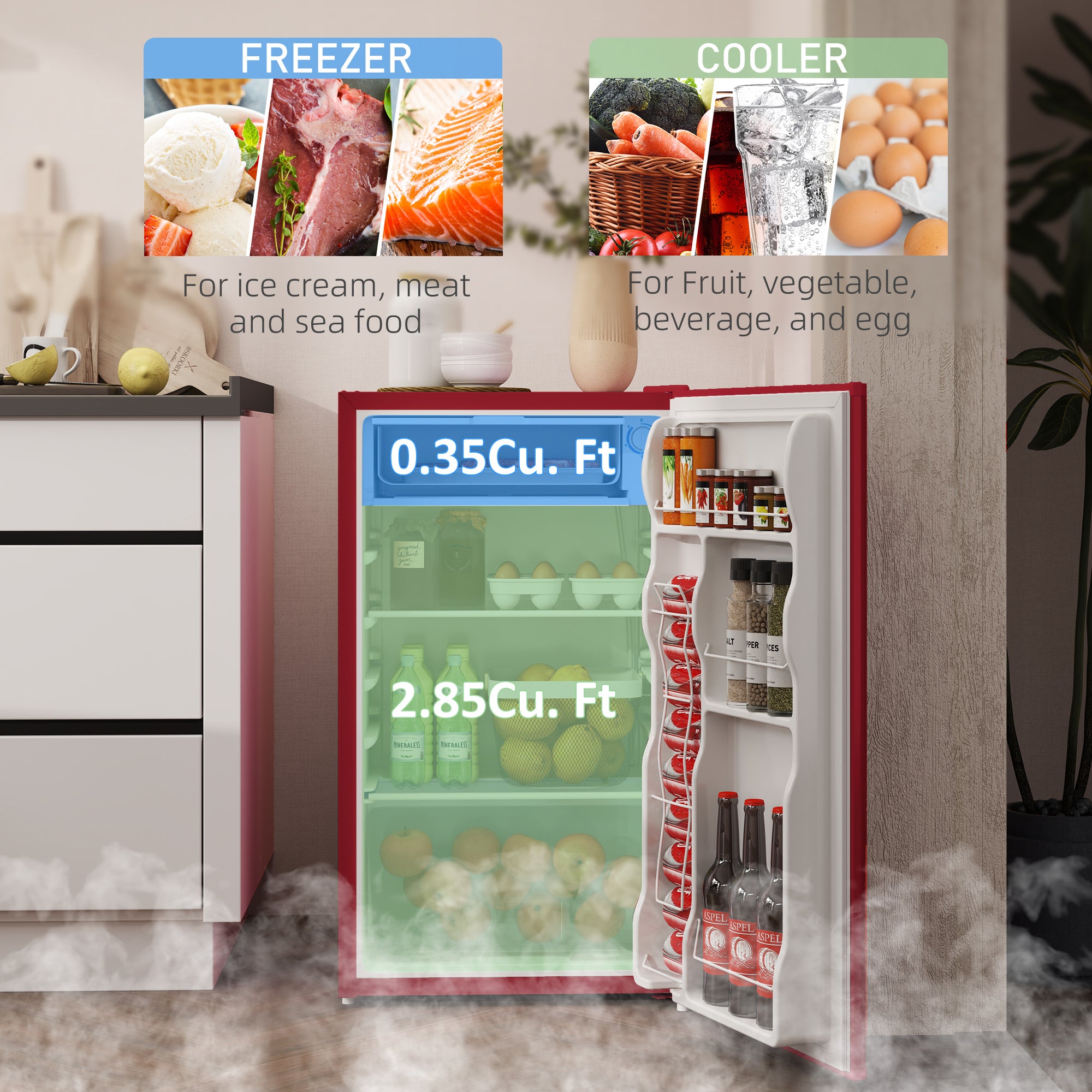 Mini Fridge Freezer 3.2 Cu.Ft Red-DECOROLALA