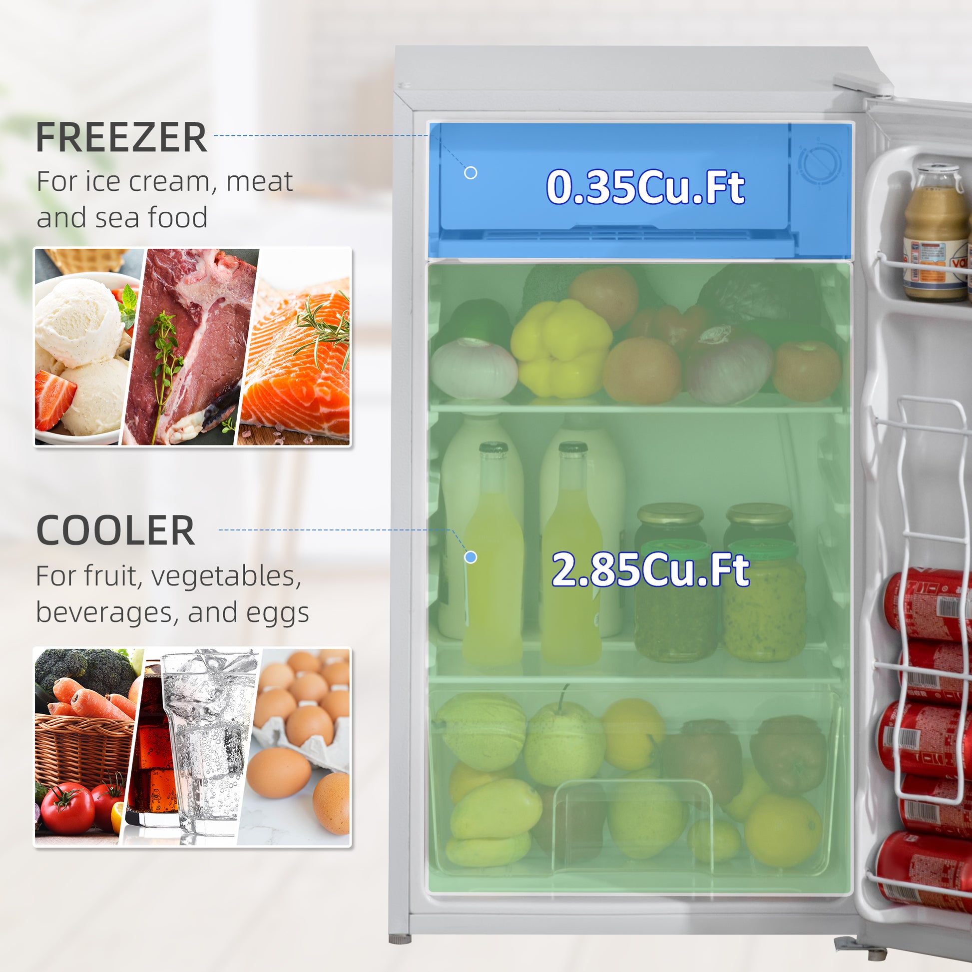 Mini Fridge Freezer 3.2 Cu.Ft White-DECOROLALA