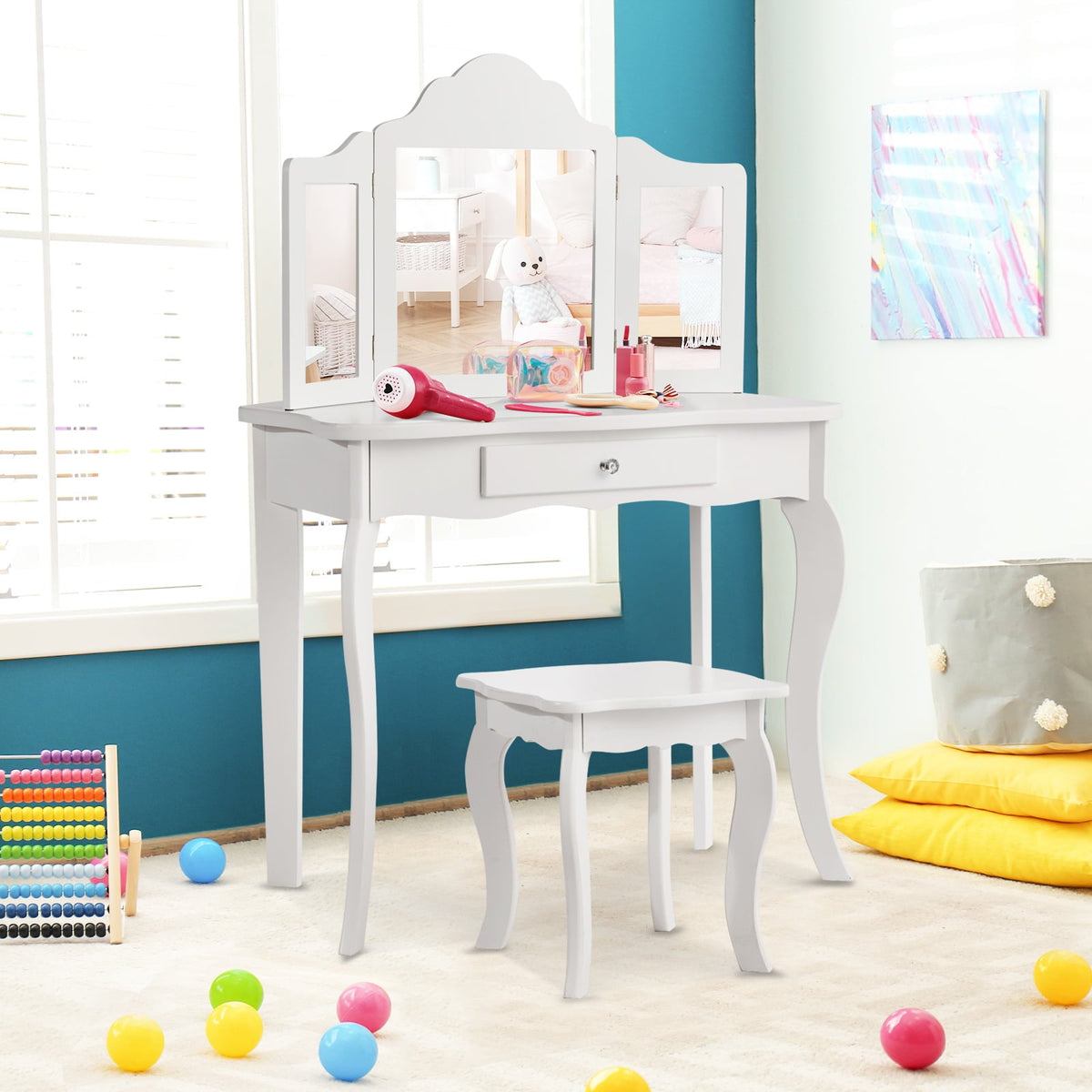 Mini Makeup Dressing Mirror Vanity Table Stool Set-Kids Vanities-DECOROLALA