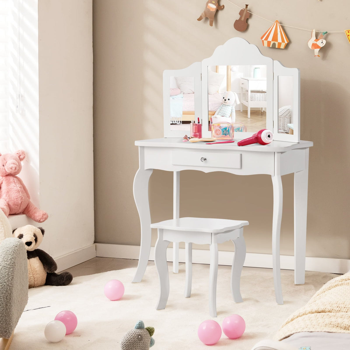 Mini Makeup Dressing Mirror Vanity Table Stool Set-Kids Vanities-DECOROLALA