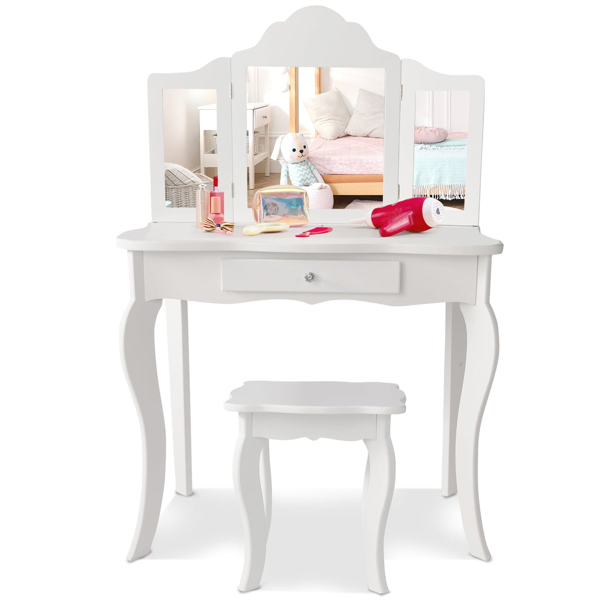 Mini Makeup Dressing Mirror Vanity Table Stool Set-Kids Vanities-DECOROLALA