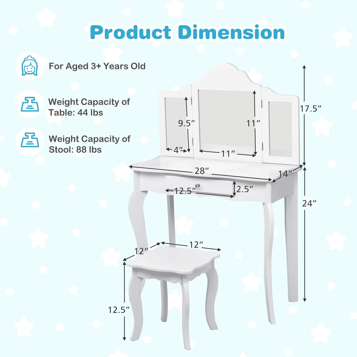 Mini Makeup Dressing Mirror Vanity Table Stool Set-Kids Vanities-DECOROLALA