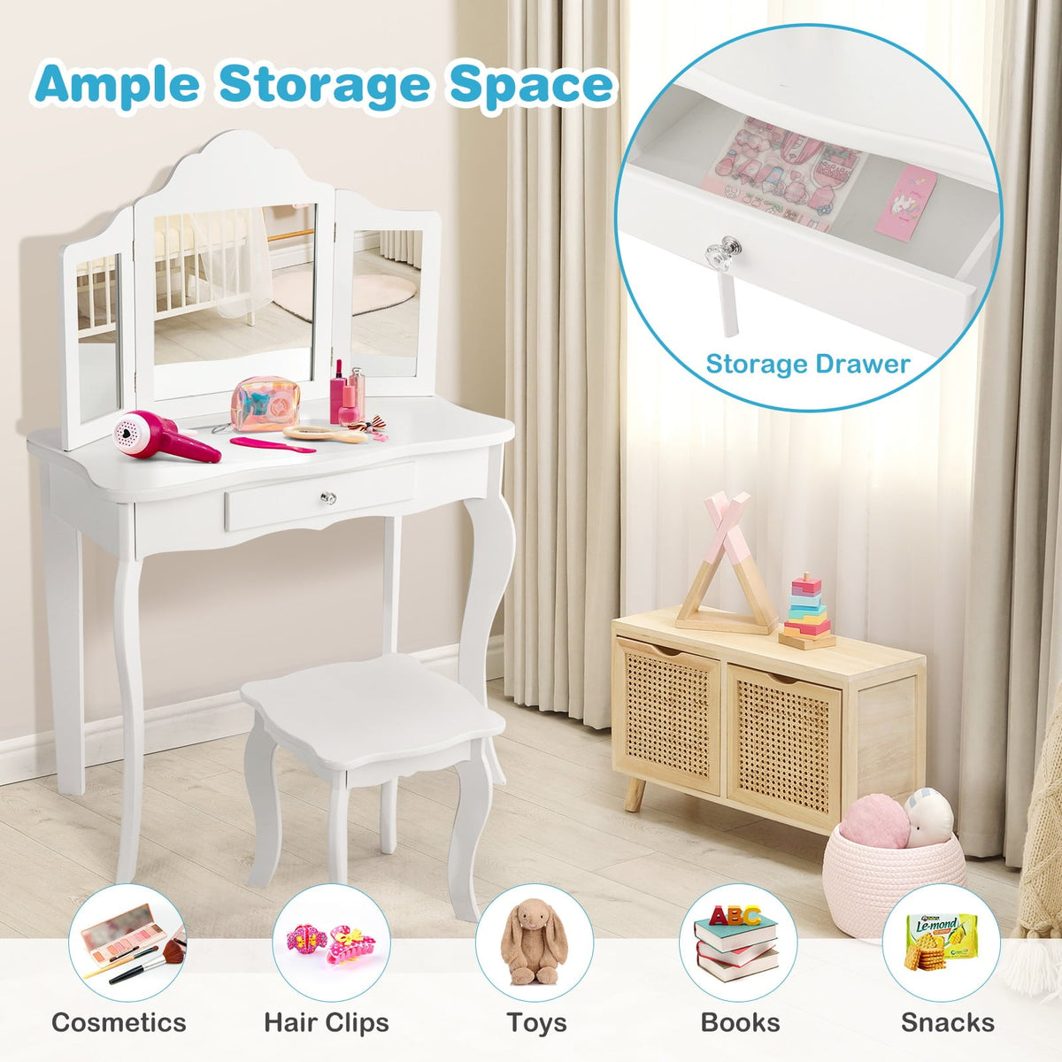Mini Makeup Dressing Mirror Vanity Table Stool Set-Kids Vanities-DECOROLALA