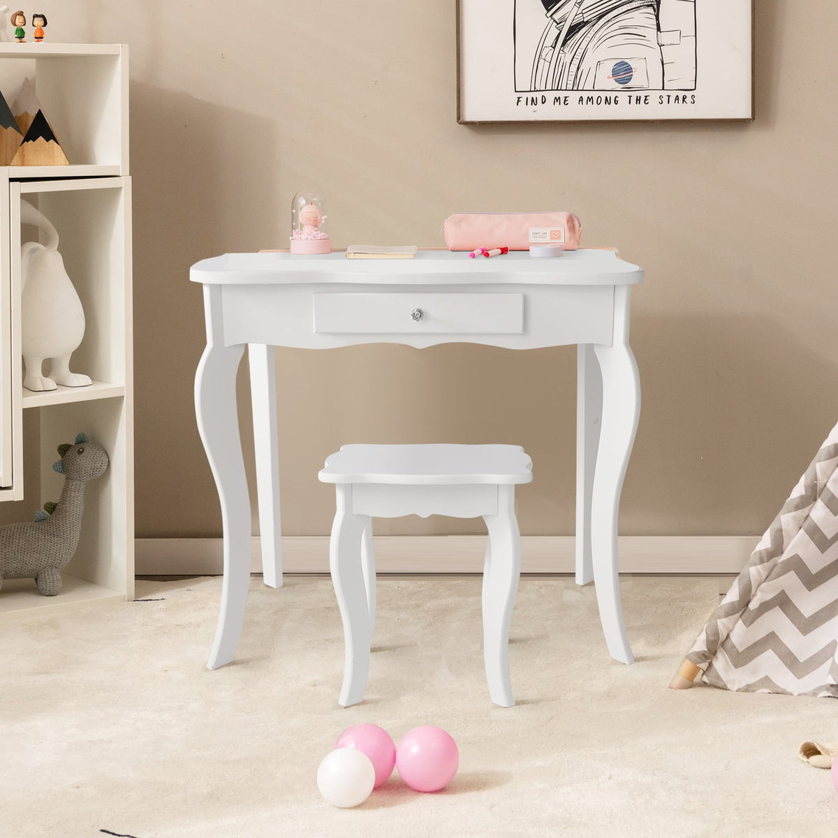 Mini Makeup Dressing Mirror Vanity Table Stool Set-Kids Vanities-DECOROLALA