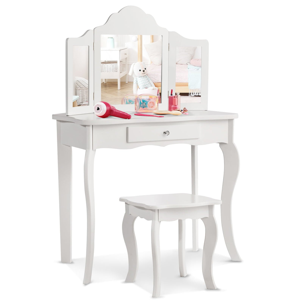 Mini Makeup Dressing Mirror Vanity Table Stool Set-Kids Vanities-DECOROLALA