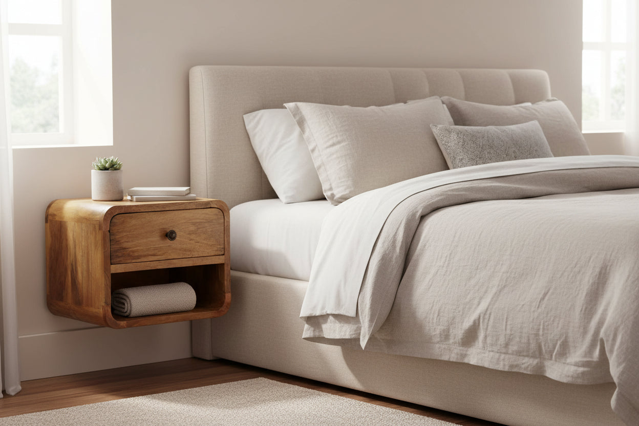 Mini Mango Wood Floating Nightstand - Oak-ish Finish 1 Drawer-Nightstand-DECOROLALA