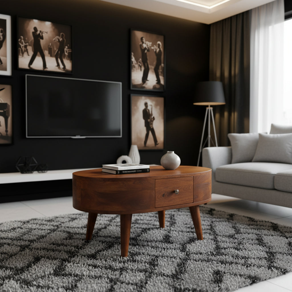 Mini Solid Mango Wood Coffee Table - Chestnut Finish 2 Drawers-Coffee Table-DECOROLALA
