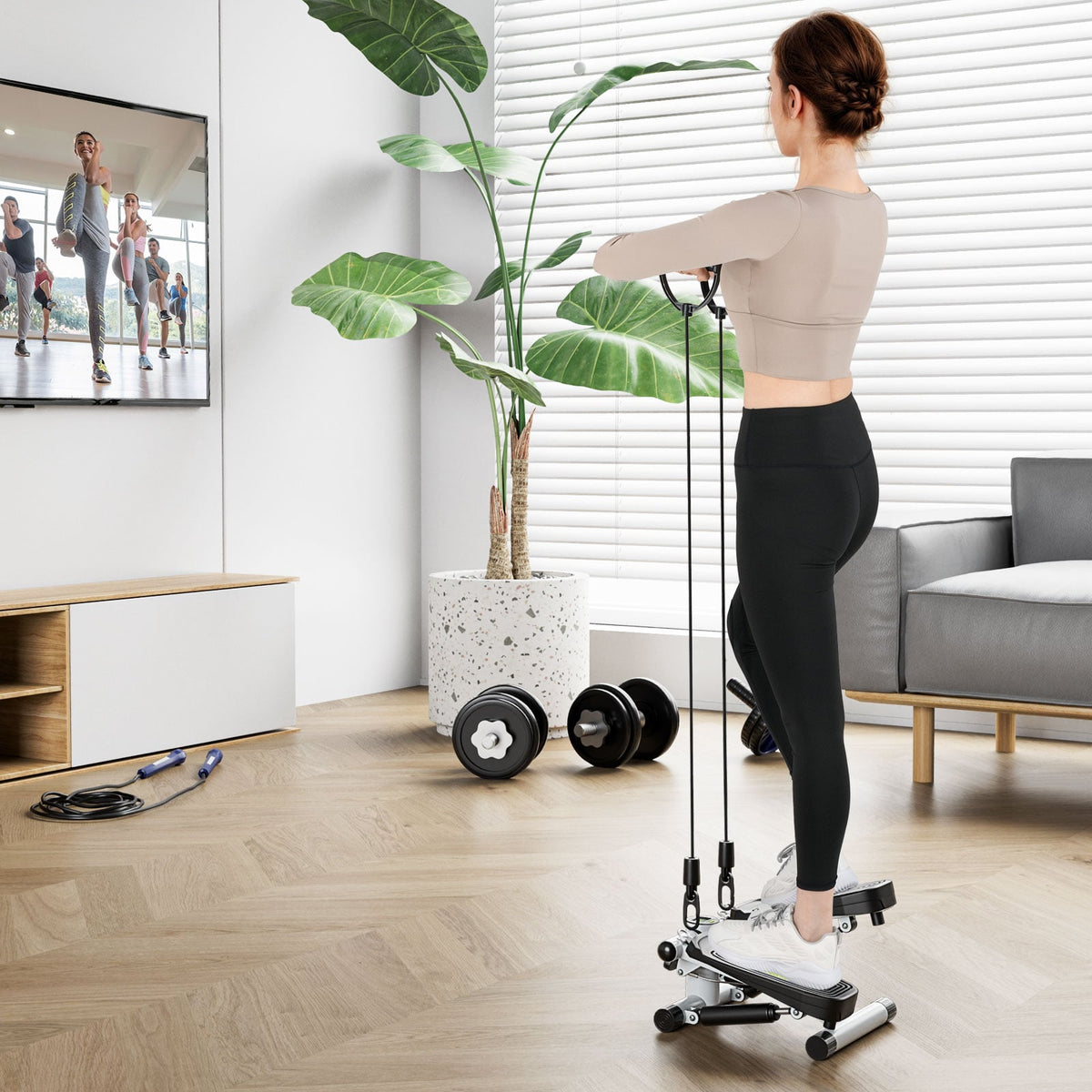 Mini Stepper with Resistance Bands and Adjustable Height for Exercise at Home-White-Sporting Goods-DECOROLALA