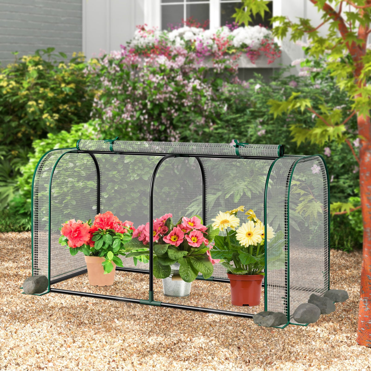 Mini Tunnel Greenhouse with Roll-up Zipper Door-White-Greenhouses-DECOROLALA