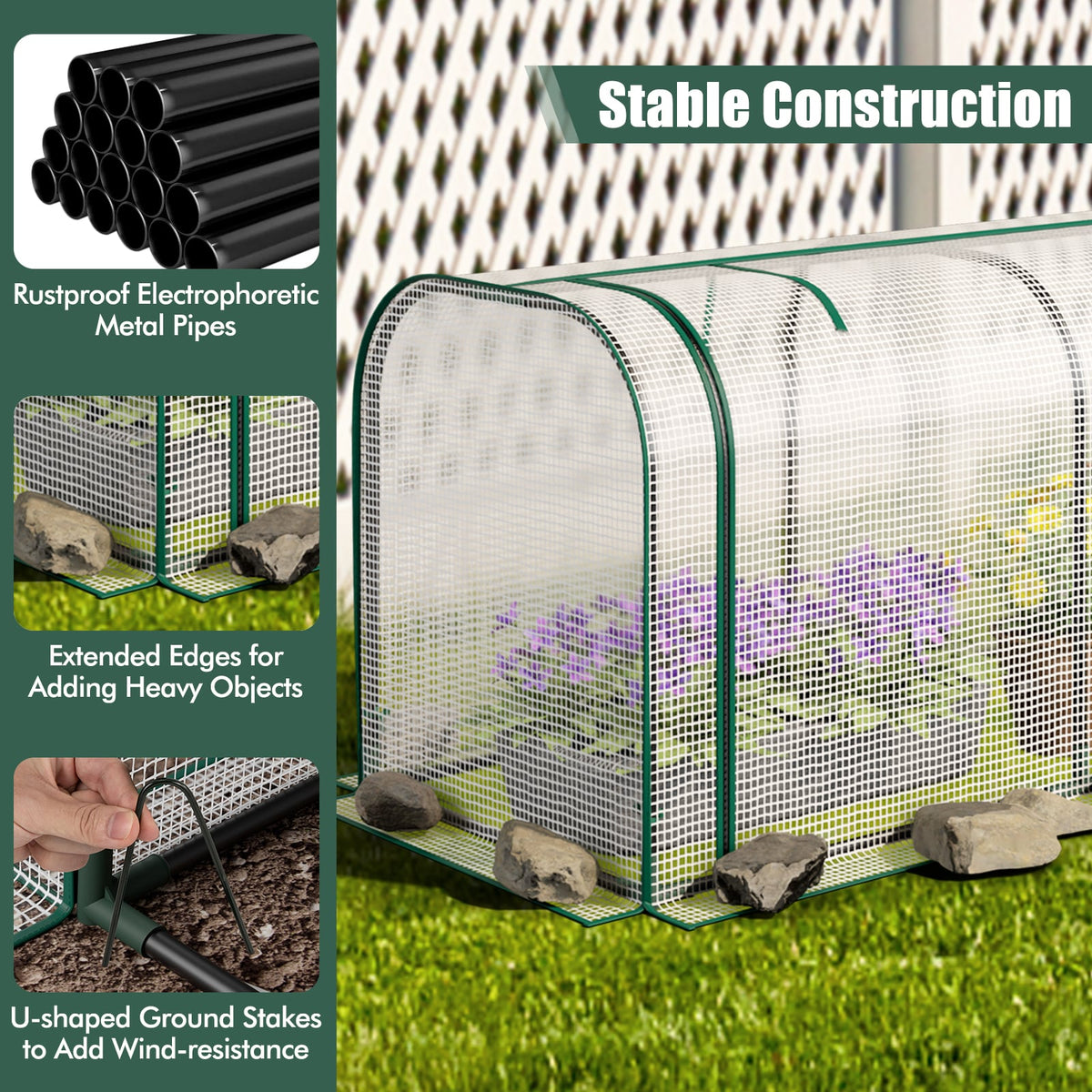 Mini Tunnel Greenhouse with Roll-up Zipper Door-White-Greenhouses-DECOROLALA