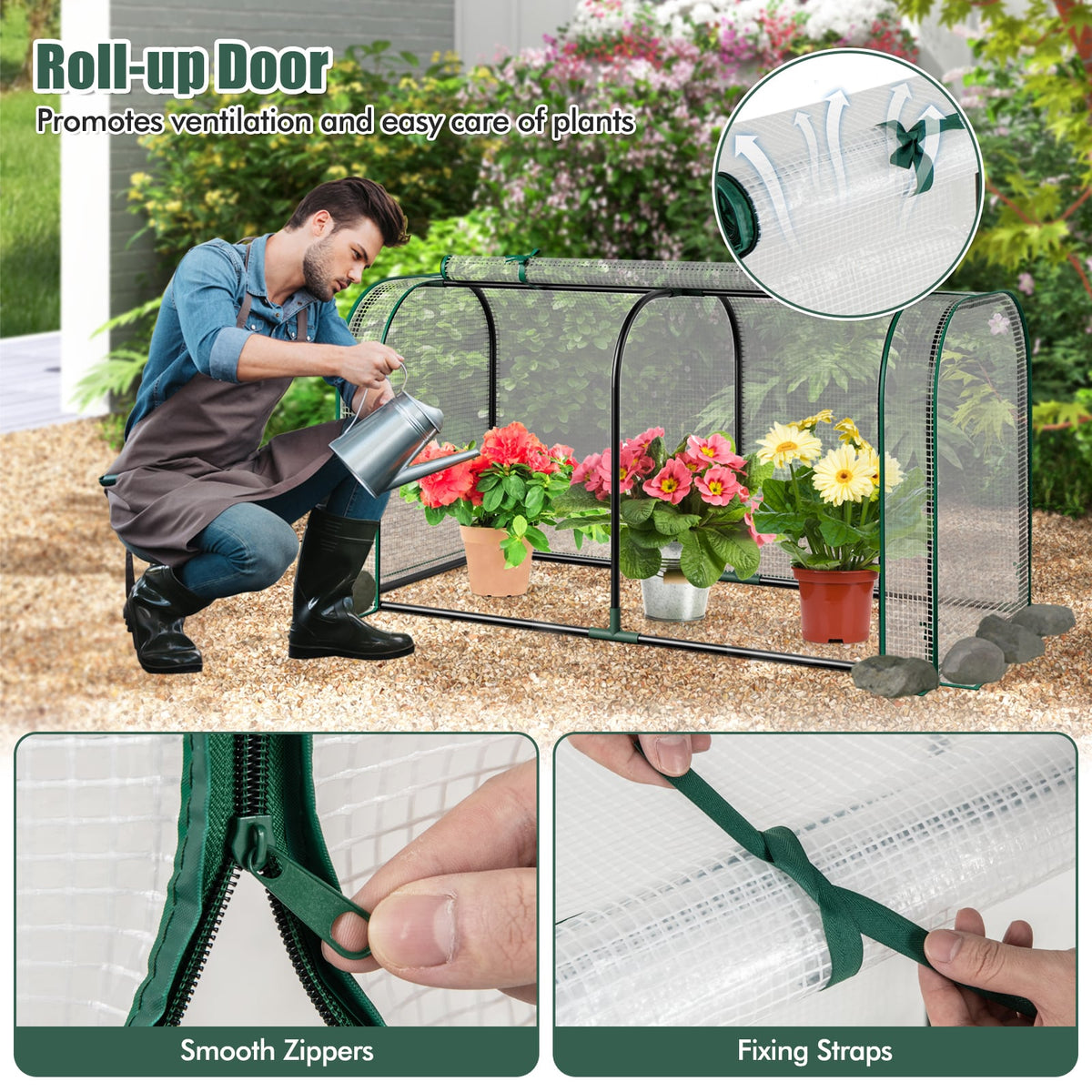 Mini Tunnel Greenhouse with Roll-up Zipper Door-White-Greenhouses-DECOROLALA