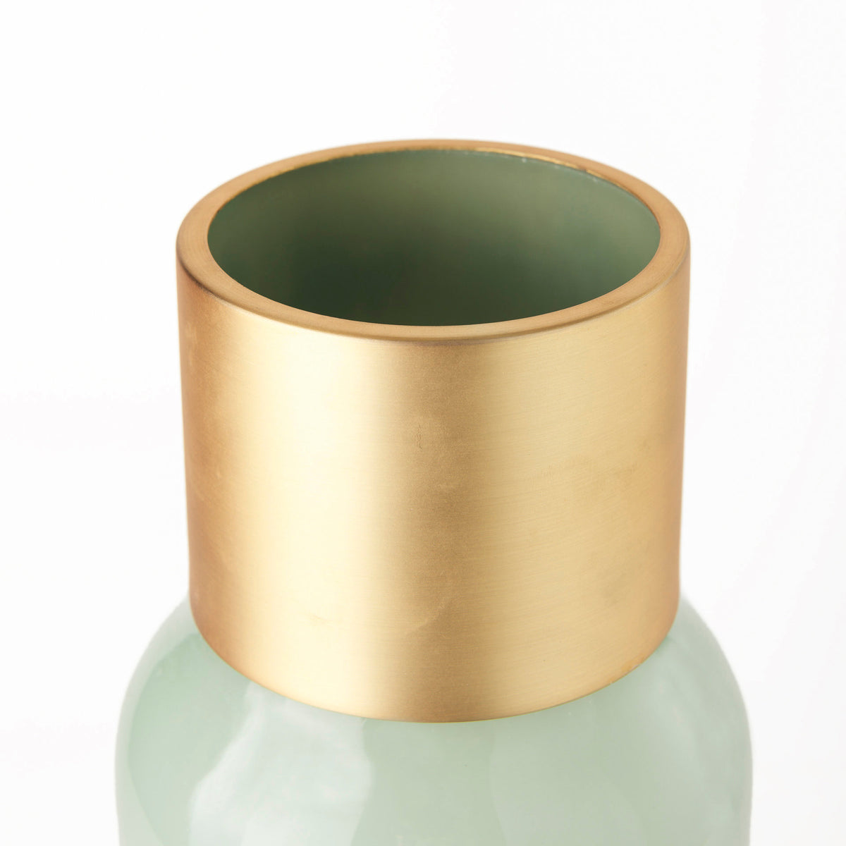 Minty 5.7L x 5.7W x 16.8H Green Glass Vase W/Matte Gold Metal Neck Cuff-Vase-DECOROLALA