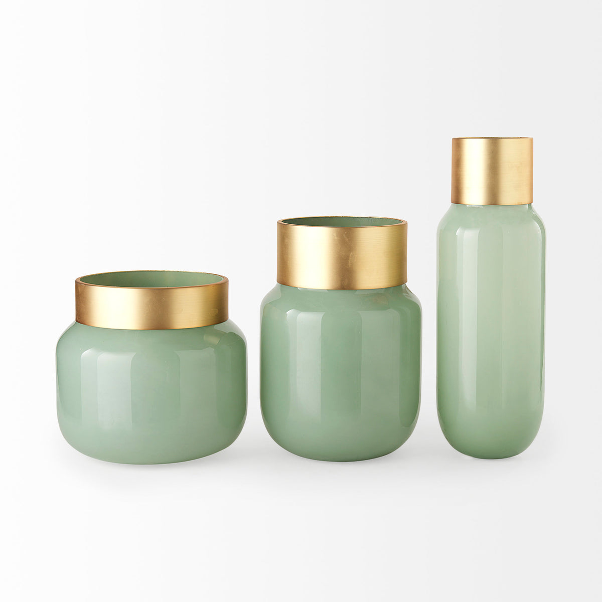 Minty 9.9L x 9.9W x 9.6H Green Glass Vase W/Matte Gold Metal Neck Cuff-Vase-DECOROLALA