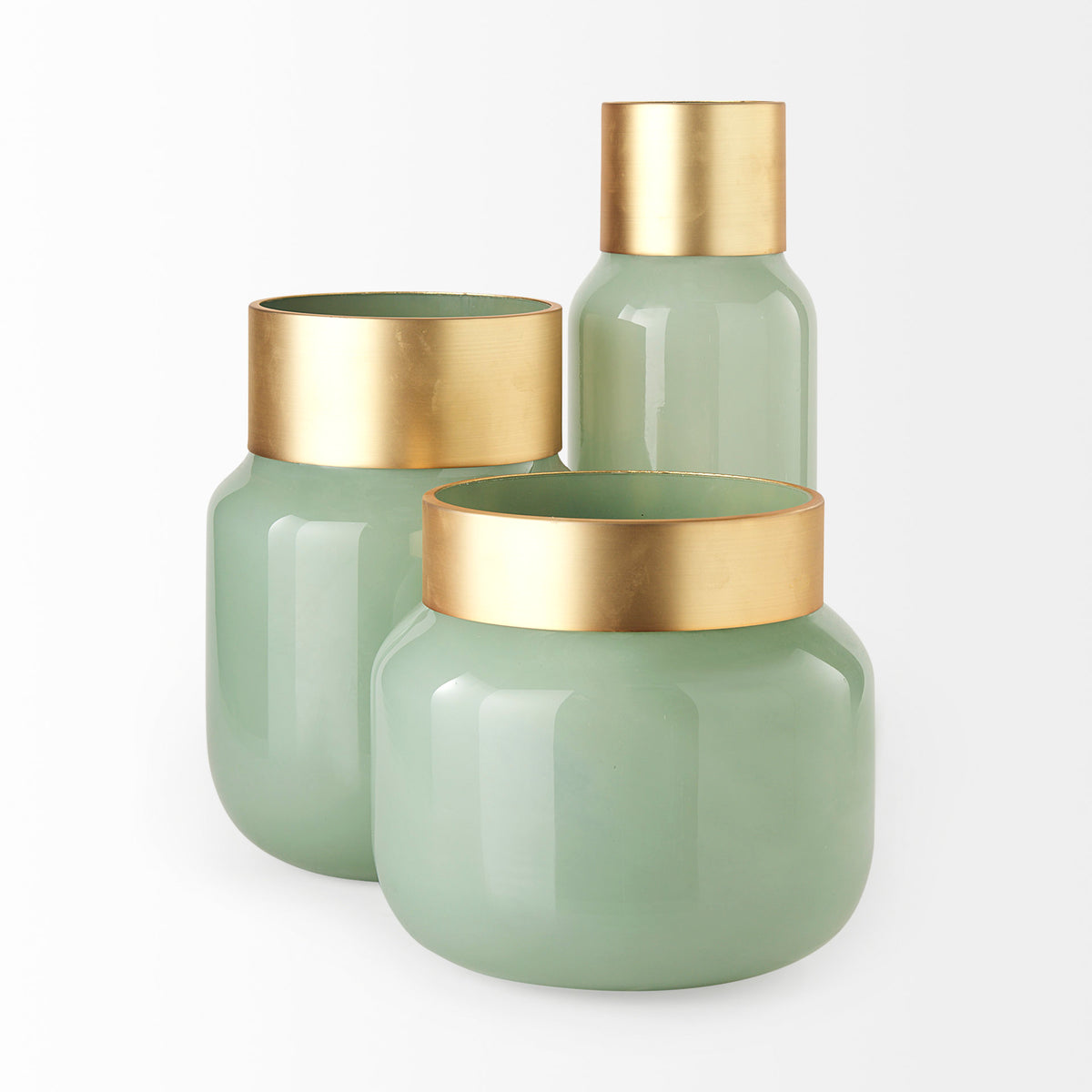 Minty 9.9L x 9.9W x 9.6H Green Glass Vase W/Matte Gold Metal Neck Cuff-Vase-DECOROLALA