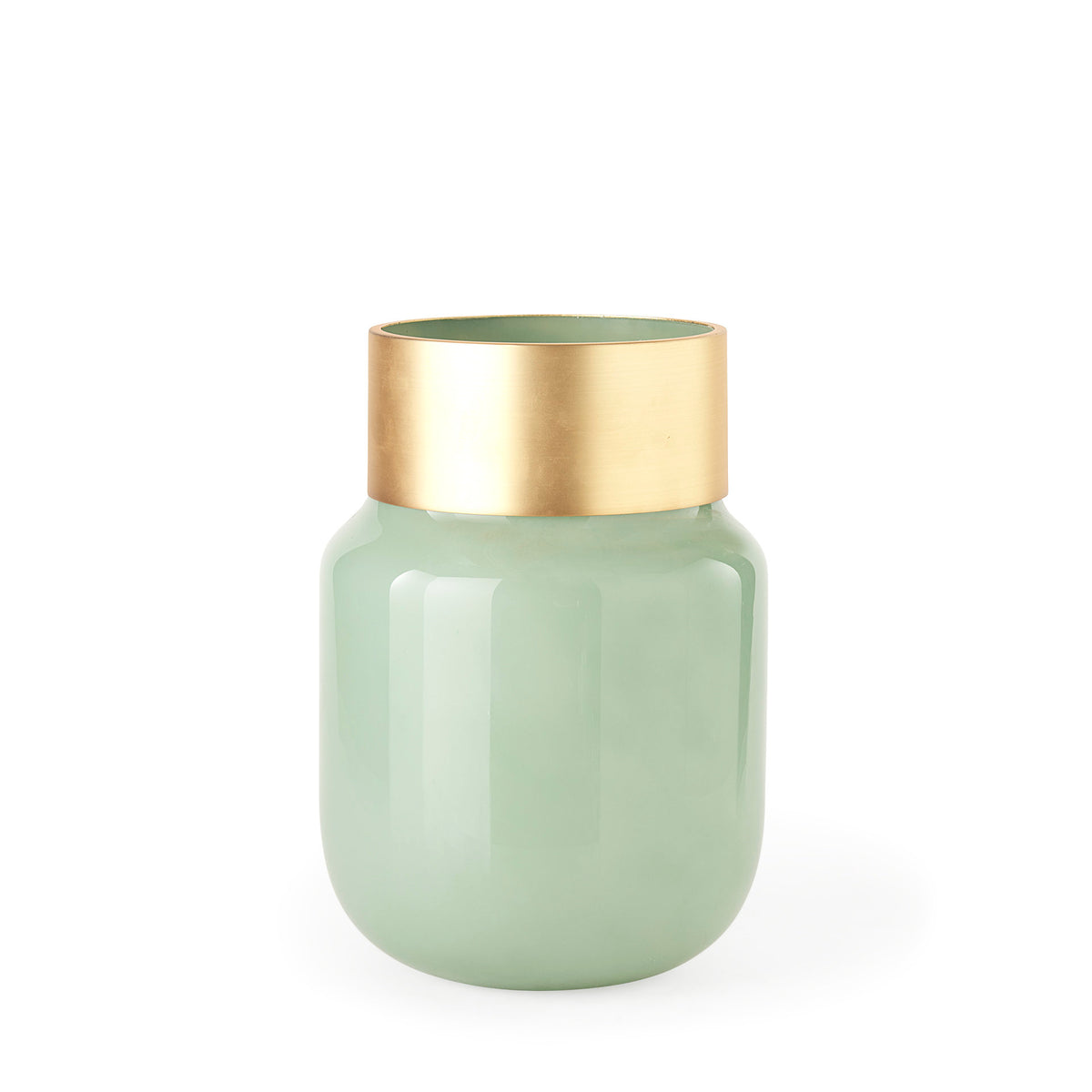 Minty Medium 8.7L x 8.7W x 12.4H Green Glass Vase W/Matte Gold Metal Neck Cuff-Vase-DECOROLALA