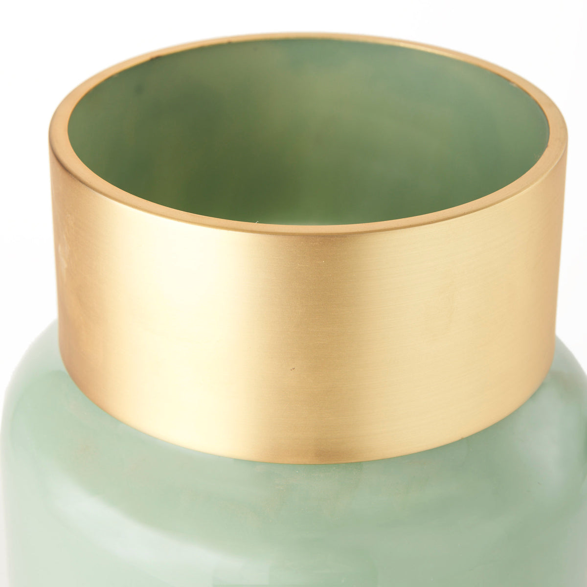 Minty Medium 8.7L x 8.7W x 12.4H Green Glass Vase W/Matte Gold Metal Neck Cuff-Vase-DECOROLALA