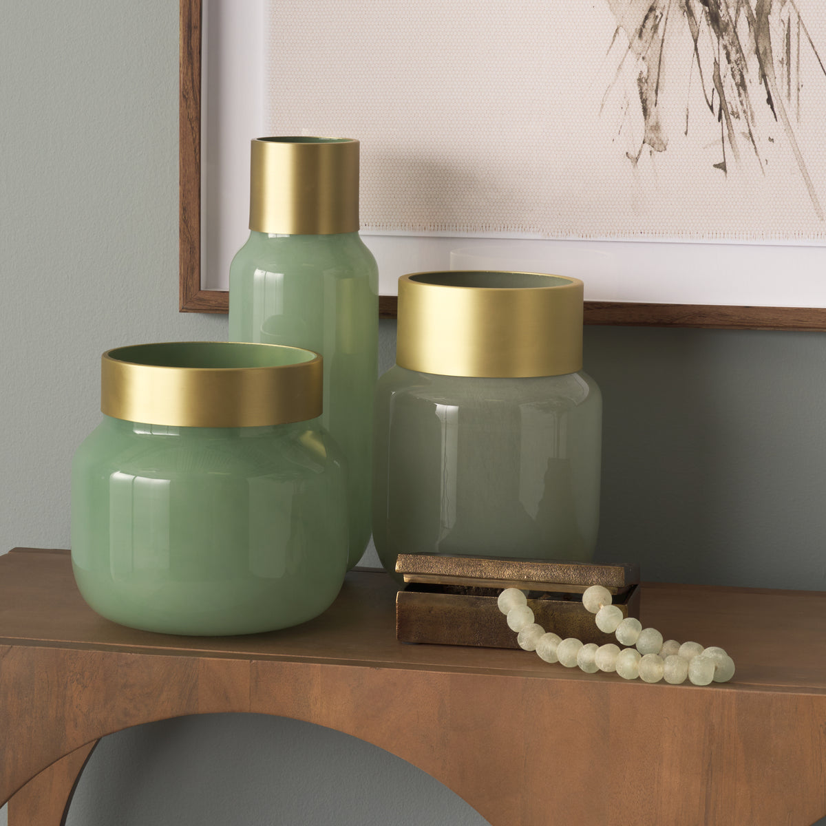 Minty Medium 8.7L x 8.7W x 12.4H Green Glass Vase W/Matte Gold Metal Neck Cuff-Vase-DECOROLALA