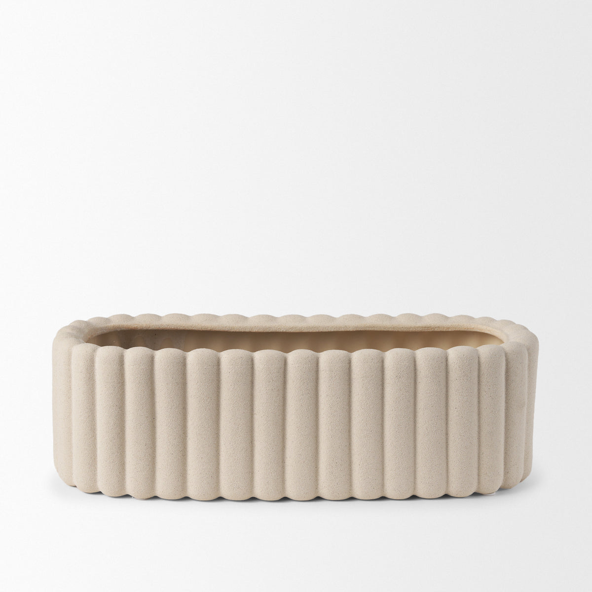 Mira Wide Textured Blush Beige Fluted Ceramic Vase-Vase-DECOROLALA