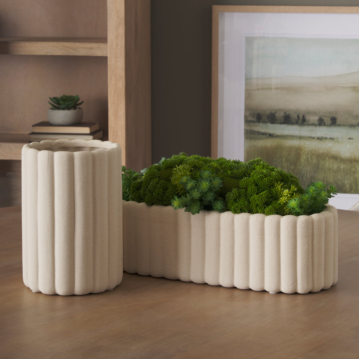Mira Wide Textured Blush Beige Fluted Ceramic Vase-Vase-DECOROLALA