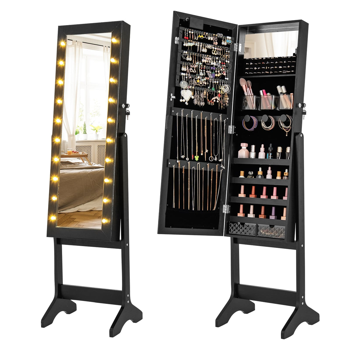 Mirror Jewelry Cabinet with 20 Warm Lights and 4 Tilt Angles-Black-Jewelry Armoires-DECOROLALA
