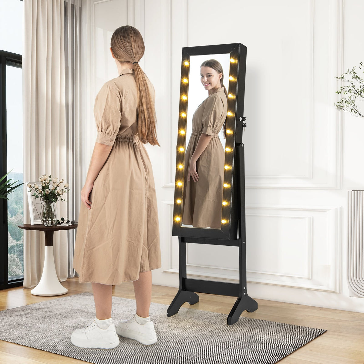 Mirror Jewelry Cabinet with 20 Warm Lights and 4 Tilt Angles-Black-Jewelry Armoires-DECOROLALA