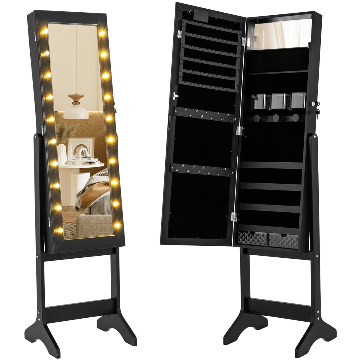 Mirror Jewelry Cabinet with 20 Warm Lights and 4 Tilt Angles-Black-Jewelry Armoires-DECOROLALA