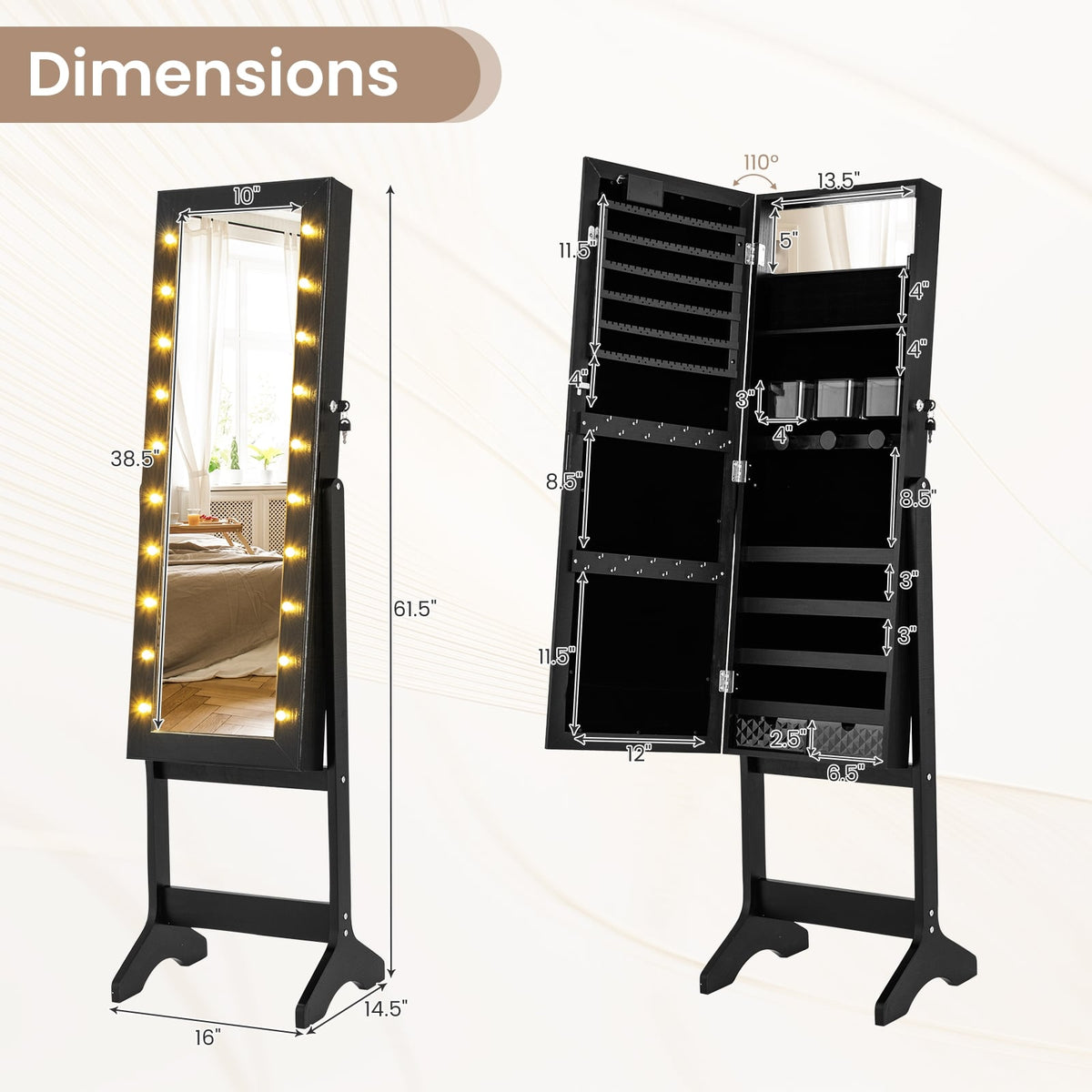 Mirror Jewelry Cabinet with 20 Warm Lights and 4 Tilt Angles-Black-Jewelry Armoires-DECOROLALA