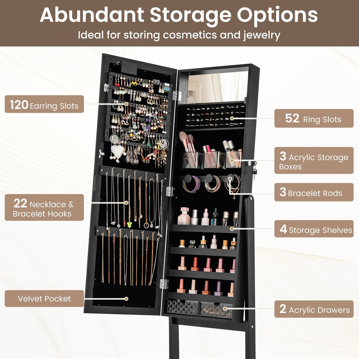 Mirror Jewelry Cabinet with 20 Warm Lights and 4 Tilt Angles-Black-Jewelry Armoires-DECOROLALA