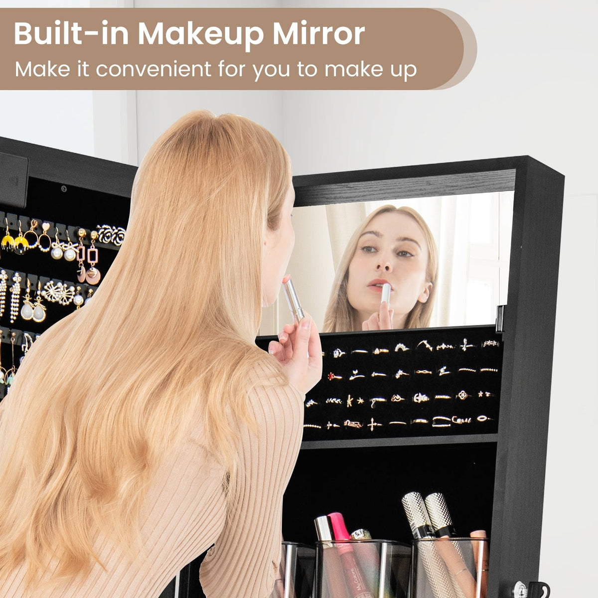 Mirror Jewelry Cabinet with 20 Warm Lights and 4 Tilt Angles-Black-Jewelry Armoires-DECOROLALA