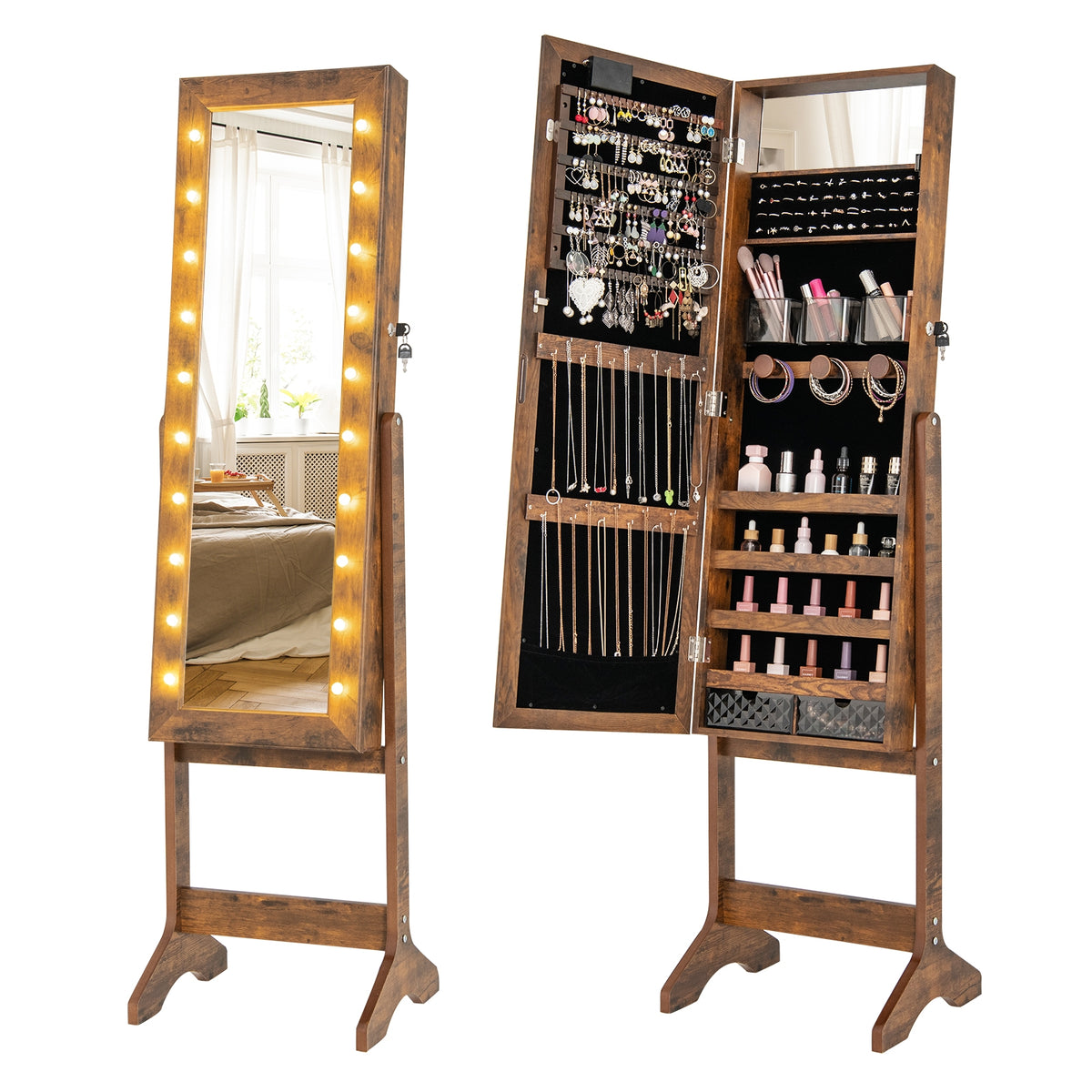 Mirror Jewelry Cabinet with 20 Warm Lights and 4 Tilt Angles-Rustic Brown-Jewelry Armoires-DECOROLALA