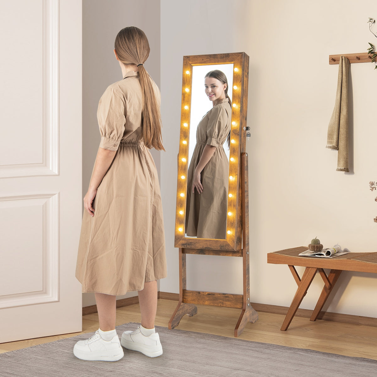 Mirror Jewelry Cabinet with 20 Warm Lights and 4 Tilt Angles-Rustic Brown-Jewelry Armoires-DECOROLALA